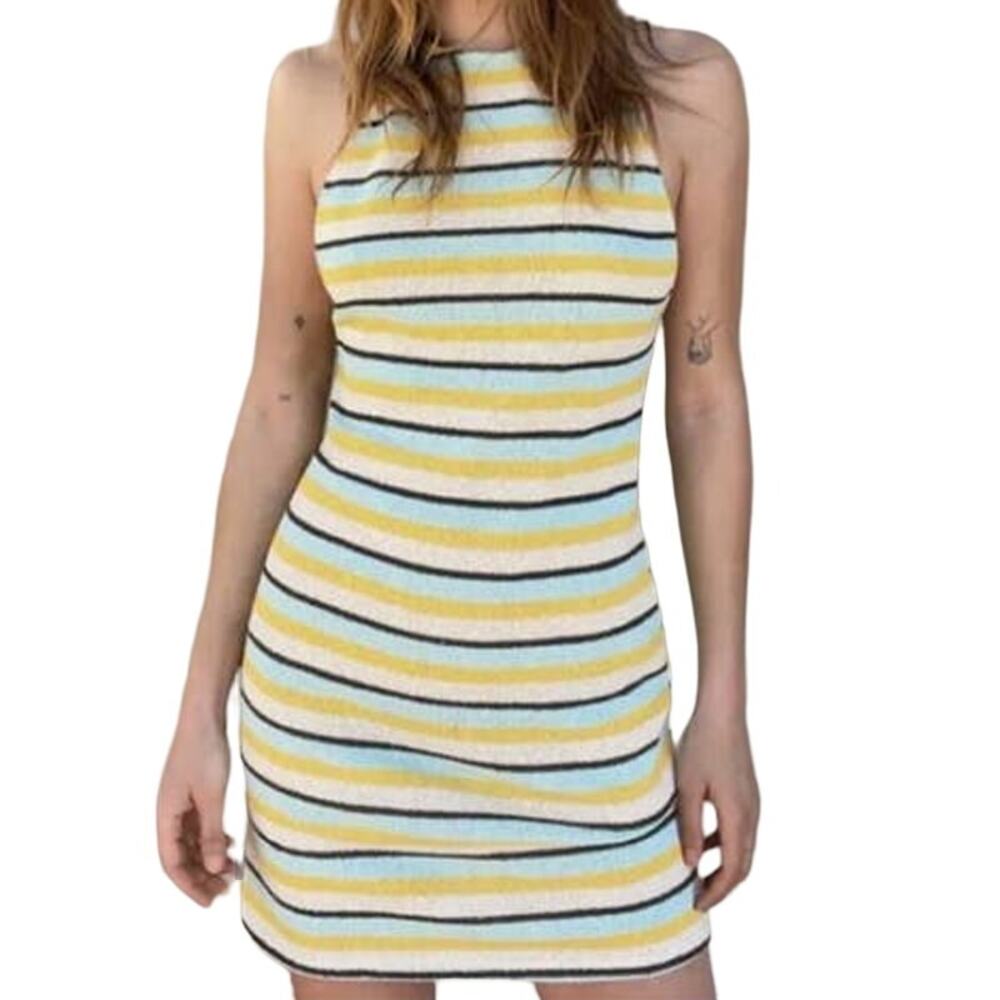 Zara Halter Dress Medium Yellow Blue Stripe Summer Beach Vacation Bodycon